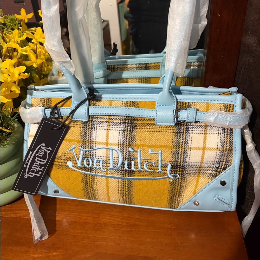 Von Dutch Yellow Plaid Satchel with Light Blue Trim